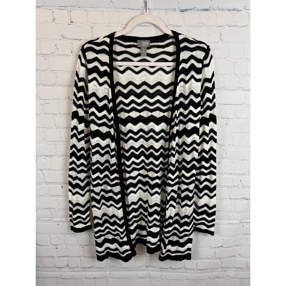 CHICO'S Travelers black white striped chevron rayon open front cardigan size 0 S